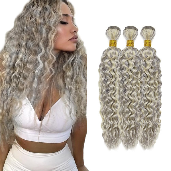 HuxoWax Gray Human Hair Bundles Gray/613 Water Wave Bundle Highlight Wet and Wavy Human Hair 3 Bundles 18 20 22 Inch Double Weft Blonde Bundle Hair Weave