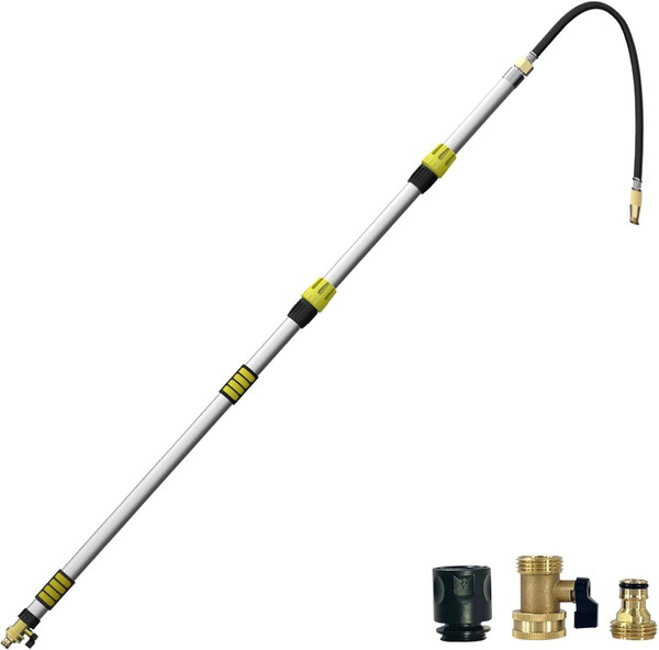Karveden 20FT Reach Telescoping Gutter Cleaning Tools -12FT Rain Gutter Cleaner Tools From Ground with 3/4" Brass Garden Hose Shut Off Valve, Bendable Flexible Water Wand for Garden Hose, Window