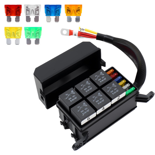 TOMSHIELE 12V Pre-Wired Relay Box, Sealed Fuse Block with 6 Relays (4 Pins) and 12 Way ATC/ATO Blade Fuses (6 Fuses + 6 Free Fuses), for Automotive and Marine Applications