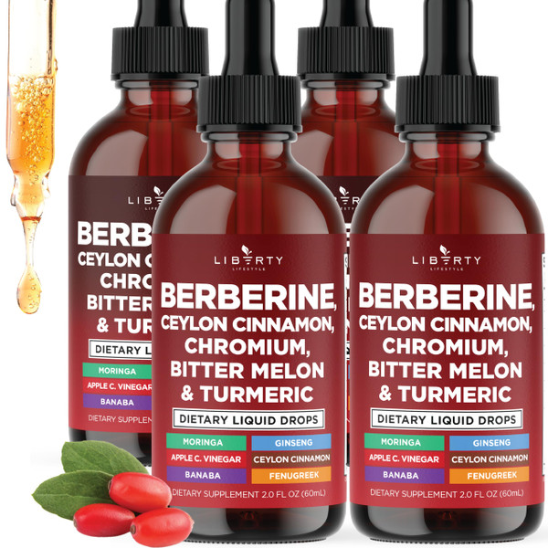 Berberine with Ceylon Cinnamon Supplement Liquid Drops + Bitter Melon Extract, Glucomannan, Gymnema, Chromium, Turmeric, Panax Ginseng, Moringa- 8 OZ