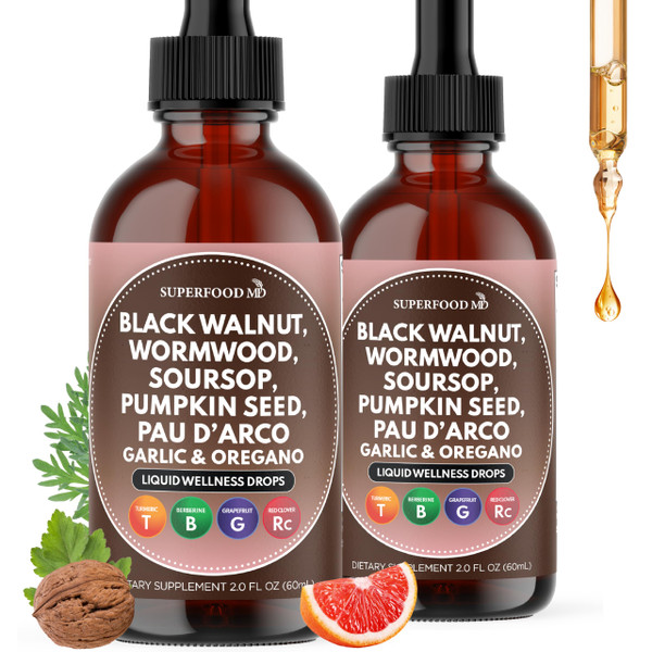 Wormwood Black Walnut Cleanse for Humans Drops Liquid Soursop Garlic Pumpkin Seed PAU D'Arco Oil of Oregano Turmeric Berberine Neem Extract Hull Bark Tincture - 4 oz