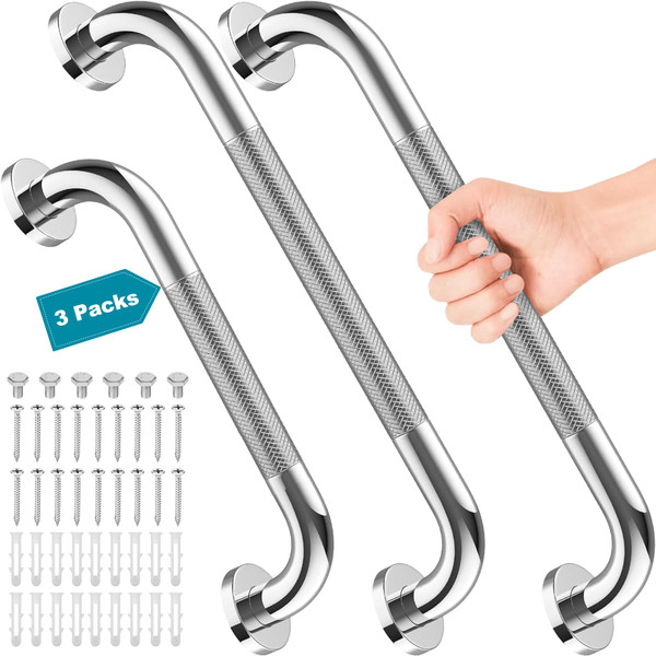 Emquito 3 Pack Grab Bars for Bathtubs and Showers, 16-Inch and 12-Inch Anti-Slip Bathroom Shower Grab Bars for Seniors Wall, Safety Handicap Grab Bars Stainless Steel,Shower Handle for Elderly Wall