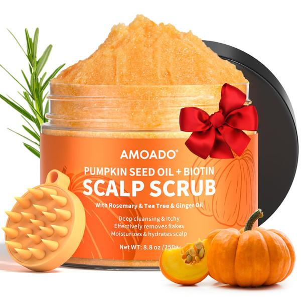 AMOADO Scalp Scrub, Pumpkin Seed Oil Scalp Exfoliator With Biotin & Rosemary, Sulfate Free Scalp Detox for Itchy Scalp & Dandruff & Buildup Removal & Hair Growth, Hair Scrub with Scrubber