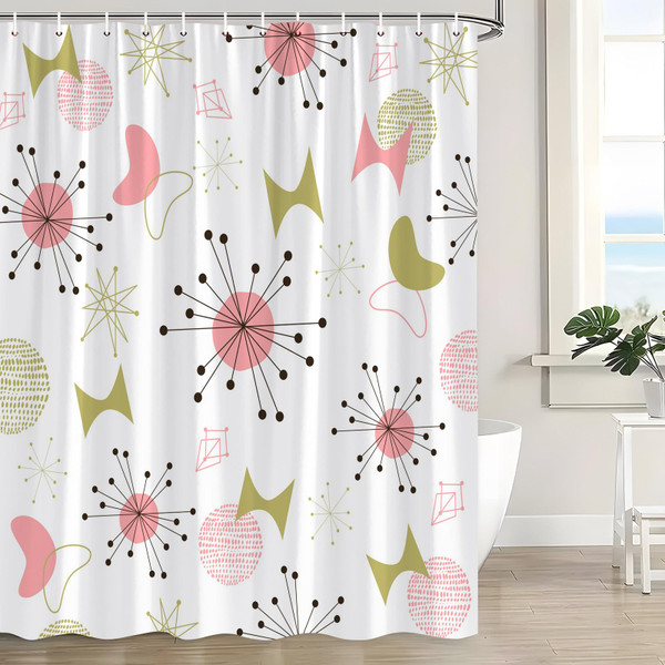 CWHCWA Mid Century Modern Shower Curtain Abstract Retro Geometric Atomic Vintage 1950s Aesthetic Art Minimalist Simple Bath Decor Curtain with Hooks