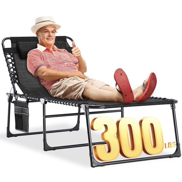 KING BIRD Oversized Folding Chaise Lounge Chair, Upgraded Lay Flat Portable Reclining Lounger for Adults, 5-Positon Adjustable, 4" Wider, 16" High, 300lbs, Outdoor Beach Tanning Patio Pool, Black