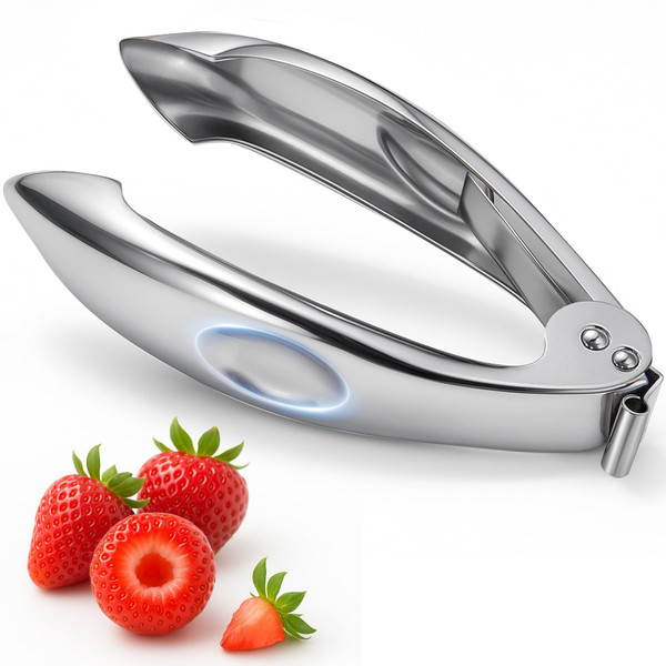 Strawberry Huller, 304 Food-Grade Stainless Steel Stem Remover with Safety Lock, Ergonomic Non-Slip Grooved Handle, Dishwasher Safe (High Heat), De-Stems Strawberries, Tomatoes & More
