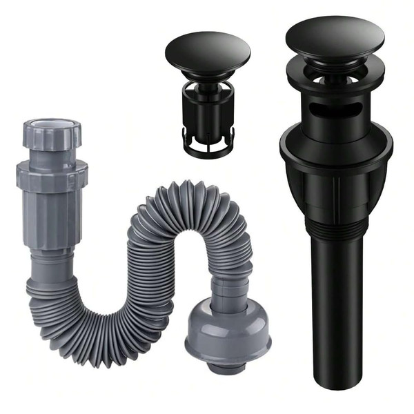 Bathroom Sink Drain Set with Overflow, Adjustable Drain Length (13-35 inches) - Matte Black 2-in-1 Combo Set, Anti-Clog Drain Plug for Basin/Vanity Sinks
