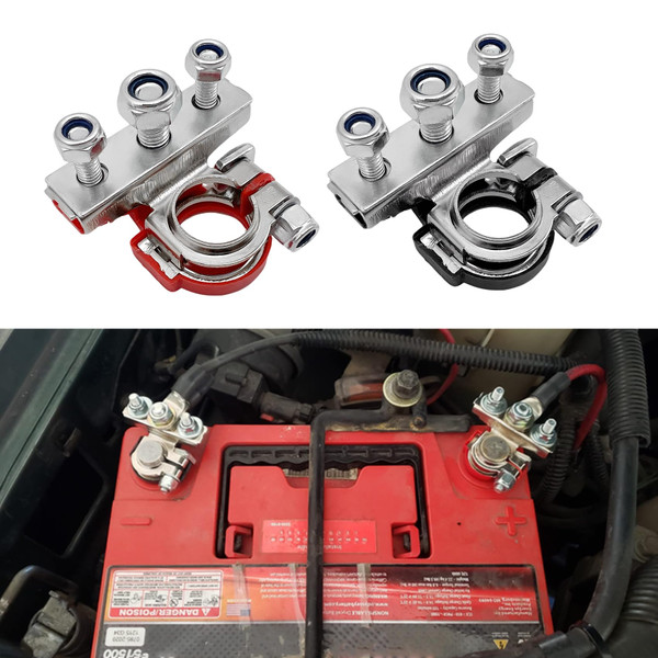 deemars 2PCS Battery Terminal Connectors, Battery Cable Terminals, Universal 12V Post Wire Clamp Connector, Car 3 Way Positive and Negative Poles Top Post Cable Clamp Ends for Most Vehicles