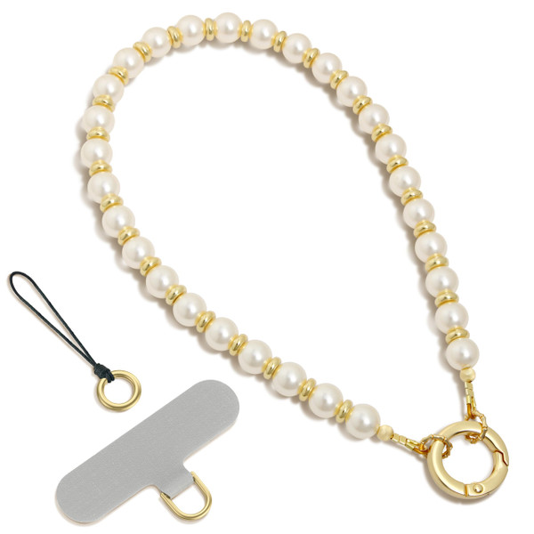 SURPHY Phone Charm, Phone Charms Strap with Tether Tab & Premium Metal Buckle, Cellphone Wrist Strap Chain, Cellphone Lanyard Beaded Bracelets for Women, Pearl Gold