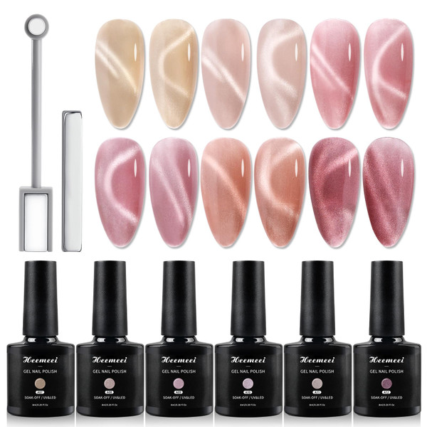 heemeei Cat Eye Gel Nail Polish, 6 Colors 8 ml Magnetic Nude Gel Nail Polish Set with Magnet Stick, Holographic Cat Eye Glitter Gel Polish, Magnetic Nail Polish for Home Salon