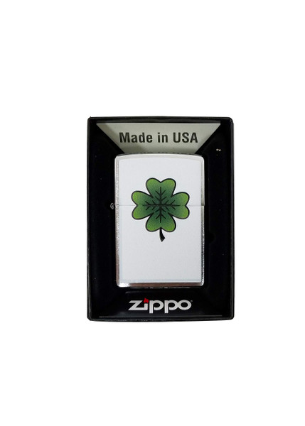 Zippo Custom Lighter - Brush Finish Chrome Lucky Irish Four Leaf Clover Design Collectible Zippo Lighter Gift
