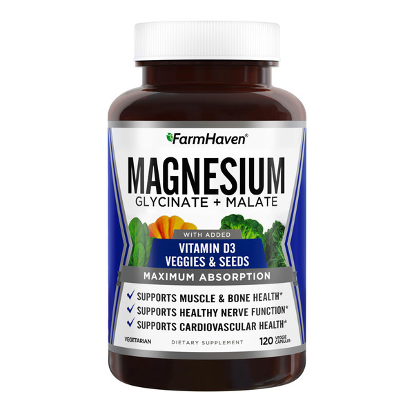 FarmHaven Magnesium Complex –Magnesium Glycinate & Malate w/Vitamin D3, 100% Chelated for Max Absorption, Vegetarian – Bone Health, Nerves, Muscles, 120 Capsules, 60 Days