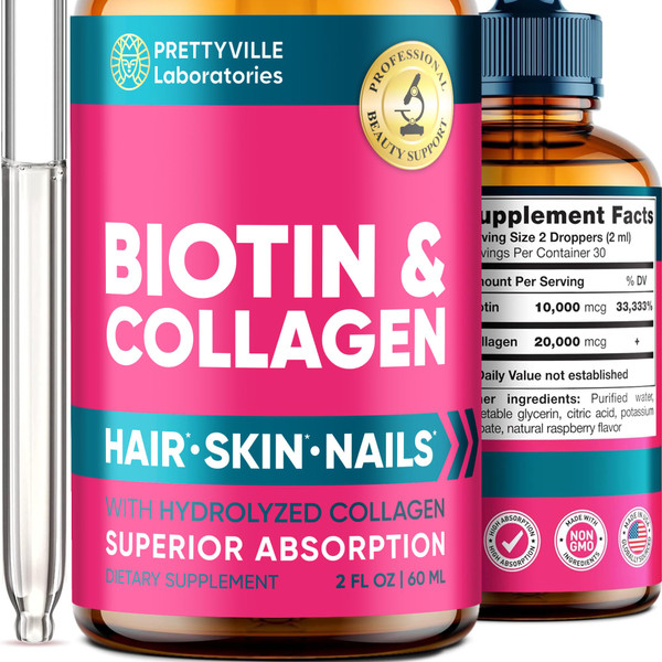 Liquid Collagen & Biotin for Women - 30000mcg Hair Growth Complex - Made in USA - Hydrolyzed Collagen & Biotin Oil for Hair Growth, Healthy Skin & Nails - Vegan Collagen & Biotin Source - 2 fl oz