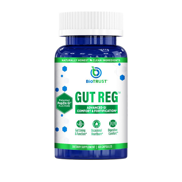 BioTrust Gut Reg Supports a Healthy Gut Lining, Helps Restore Gut Health and Helps Relieve Occasional GI Discomfort with PepZin GI, L-Glutamine and Ginger Extract, Non-GMO, Gluten-Free (60 Capsules)