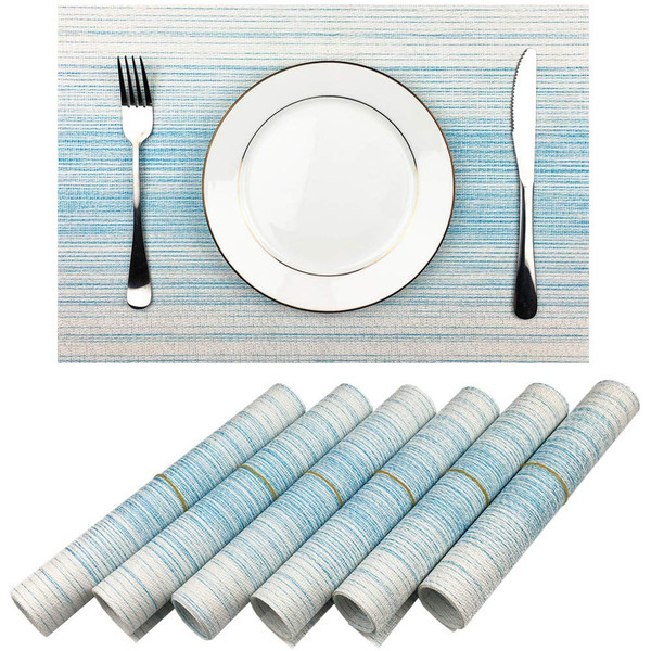 Placemat,Blending Color Durable Woven Vinyl Placemat Washable Heat-Resistant Anti-Skid Kitchen Dining Table Mats (Set of 6, Blue with White)