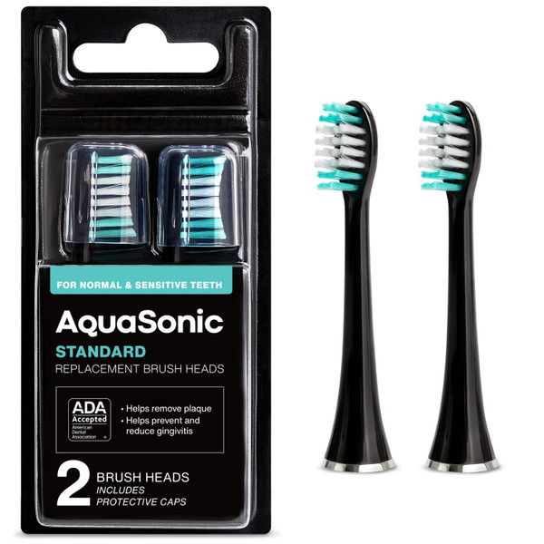 AquaSonic Standard Replacement Brush Heads | for Normal & Sensitive Teeth | Compatible with Many AquaSonic Toothbrush Handles (2 Pack Black)