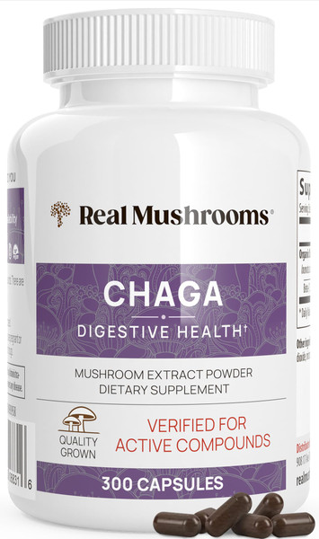 Real Mushrooms Chaga Mushroom Capsules – Organic Chaga Extract Powder with Extract Powder for Wellness & Energy Support– Vegan, Non-GMO, 300 Capsules – Organic Mushroom Supplement