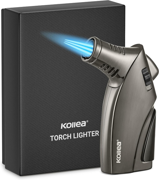 Kollea Torch Lighter, Triple Jet Flame Butane Cigar Lighter with Punch and Safety Lock, Refillable and Windproof Pocket Lighter, Cool Great Gift Idea for Men (Butane Gas Not Included) - Black