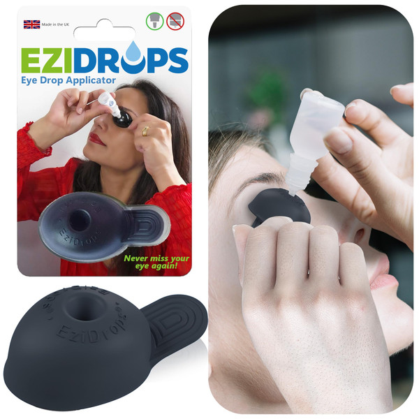 EziDrops - Eye Drop Dispenser Aid - Easy Eye Drop Applicator for Nozzle Head Bottles - Safe & Easy Vision Care (Black)