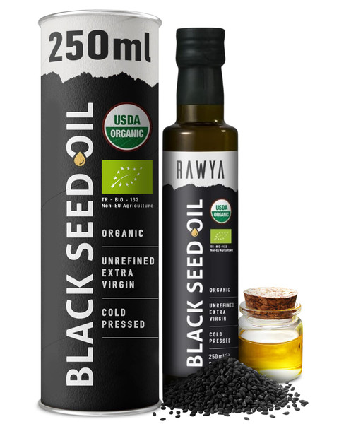 RAWYA Black Seed Oil - USDA Organic Certified - Cold Pressed - 8.4 Fl oz - Extra Virgin - Turkish Black Cumin Seed - Premium Nigella Sativa with Thymoquinone - Kalonji - Non-GMO, Gluten-Free - Nutritional Supplements - Extra Strong Taste