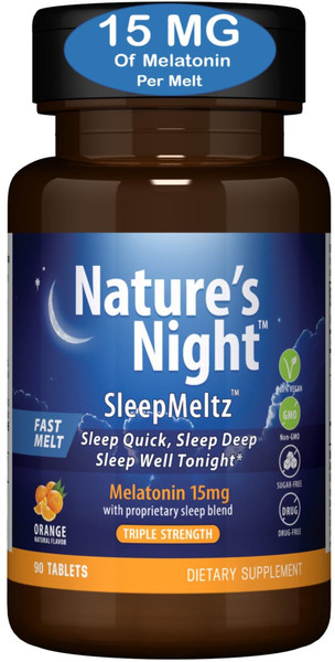 Nature's Night Triple Strength Quick Dissolve Melatonin 15mg with Supportive Blend | Natural Orange Flavor | 90 Count | Sugar Free, Vegan, Non-GMO, Drug Free