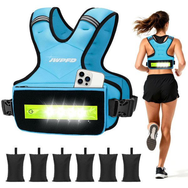 Adjustable Weighted Vest for Women Men, 6-15lbs Rucking Vest with LED Light Strips, Weight Vest with 6 Ironsand Weights, and Zipper Pocket for Strength Training, Walking, Running Blue