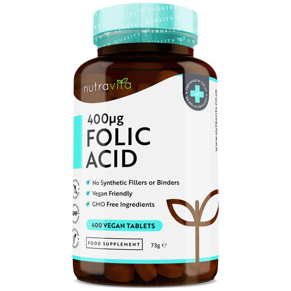 Folic Acid Tablets 400 mcg - 400 Vegan Tablets - 13 Month Supply - Pregnancy Care - Normal Function of The Immune System & Maternal Tissue Growth During Pregnancy - Made in The UK by Nutravita31