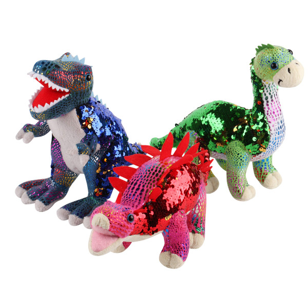 Plush Dinosaur Stuffed Animals 3 Reversible Sequin Soft Dinosaur Toys for Boys and Girls, Large 12". T-Rex, Brachiosaurus, and Stegosaurus Dinosaurs