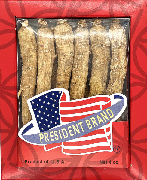 President Brand American Ginseng SKU 0160PB-L4 |Wisconsin Ginseng Root |Culticate Ginseng Root|总统牌美国花旗参|總統牌美國花旗參|Nhân Sâm Mỹ |미국인삼|Large Long|4oz Box, 大直枝