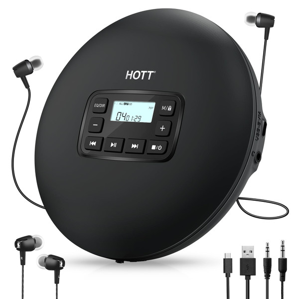HOTT C204 Basic Portable CD Player with Anti-Skip Protection - AA Battery Powered, Compact CD Players MP3/CD-R Compatible, Built-in Headphones & AUX Output for Car