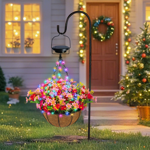 Solar Hanging Artificial Flower Basket: Light up Fake Plant with Colorful Lights 2 Lighting Modes for Outdoor - 10 Inch Lighted Hanging Baskets with Pink Faux Flowers for Porch Garden Patio House