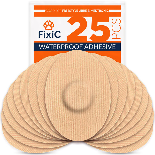 FixiC Freestyle Adhesive Patches 25 PCS – Good for Libre 1, 2, 3 & Plus – G7 & Stelo – Guardian – Waterproof Adhesive Patches – Libre Adhesive Covers – Pre-Cut – Best Fixation for Your Sensor! (Tan)