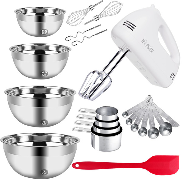 5-Speed Electric Hand Mixer, 4 Large Mixing Bowls Set, Handheld Mixers with Whisks Beater, Stainless Steel Metal Nesting Bowl Measuring Cups Spoons Kitchen Cake Blender for Baking Supplies