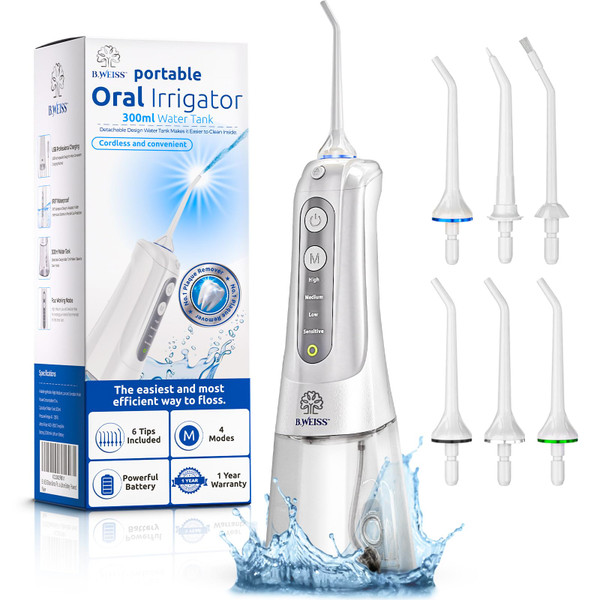 Water Flosser Cordless Pick for Teeth, 4 Modes, Gentle on Gums, Removes Plaque & Food Particles, B. WEISS High-Power, Rechargeable & Waterproof Oral Irrigator; 6 Replacement Tips Included.