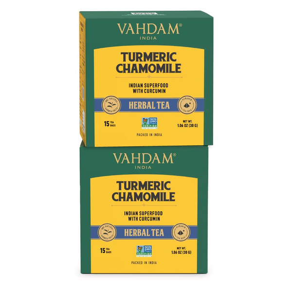 VAHDAM, Turmeric Chamomile Tea Bags (30 Herbal Tea Bags) Caffeine Free, Non-GMO, Gluten-Free | 100% Pure Herbal Tisane - Light & Smooth | Whole Loose-Leaf Tea Bags | Resealable Ziplock Pouch