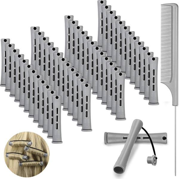 48 Pieces Hair Perm Rods Short Cold Wave Rods Plastic Perming Irons Hair Curling Rollers Curlers with Steel Pintail Comb Rat Tail Comb for Hairdressing Styling Supplies(0.59 Inch,Gray)