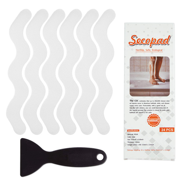 Secopad USA Patented Anti Slip Shower Stickers 24 PCS Safety Bathtub Strips Adhesive Decals with Premium Scraper for Bath Tub Shower Stairs