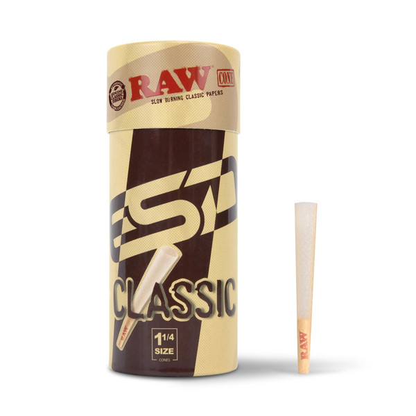 RAW Cones Classic 1-1/4 Size - 50 Pack - Slow Burning Pre Rolled Cones made of Paper with Tips & Packing Tubes Included