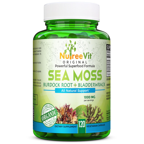 NutreeVit 100% Organic Sea Moss + Bladderwrack + Burdock Advanced Superfood Formula (120 Capsules)