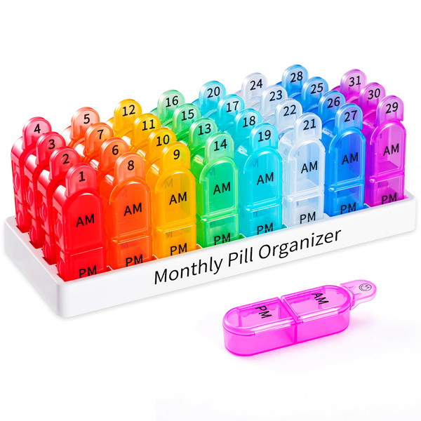 Daviky Monthly Pill Organizer 2 Times a Day - 30 Day Pill Box AM PM, BPA Free One Month Medicine Organizer Twice Daily, 31-Day Case to Hold Vitamins, Supplements & Medication