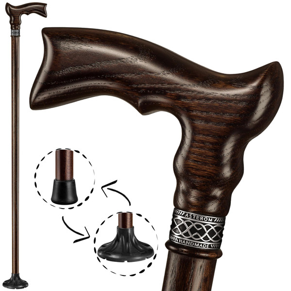 Asterom Handcrafted Ergonomic Wooden Walking Cane for Men and Women - Stylish Men's Oak Wood Cane - Fashionable Walking Stick (Walnut)