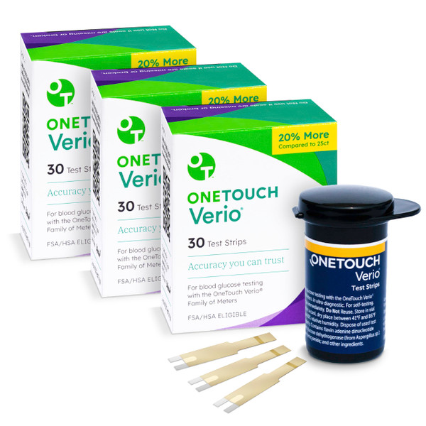 OneTouch Verio Test Strips for Diabetes Value Pack - 90 Count - for Blood Sugar Monitor - Home Self Glucose Testing - 3 Boxes, 30 Strips Per Pack