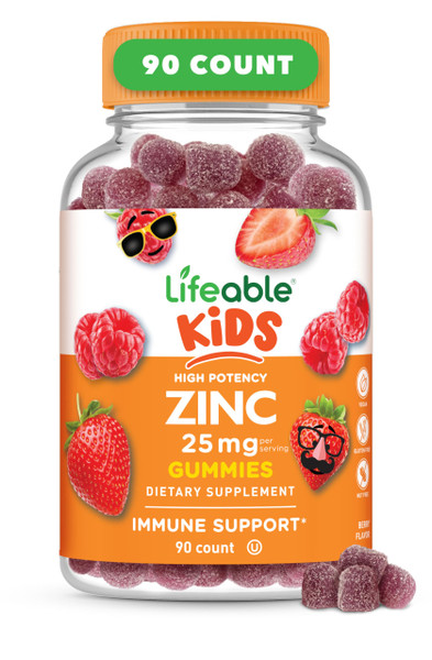 Lifeable Zinc for Kids | 25mg | Great Tasting Natural Flavored Zinc Gummies | Gluten Free Vegetarian Non GMO Zinc Supplements | Kids Zinc for Immune Support | 90 Gummies
