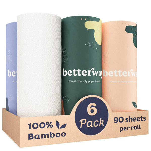 Betterway Bamboo Paper Towels - 6 Rolls, 2 Ply - Plastic Free, Disposable Kitchen Paper Towels - Select Size, Tree Free, Compostable, Strong & Absorbent, No Dyes - PFAS Free