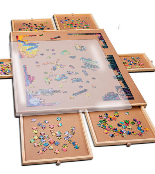 PlayVibe 1500 Piece Puzzle Board with Drawers and Cover - Jigsaw Solve Station - Portable Puzzle Table with Drawers, Tray & Accessories - Raised Edges to Prevent Slipping - Thanksgiving Puzzle