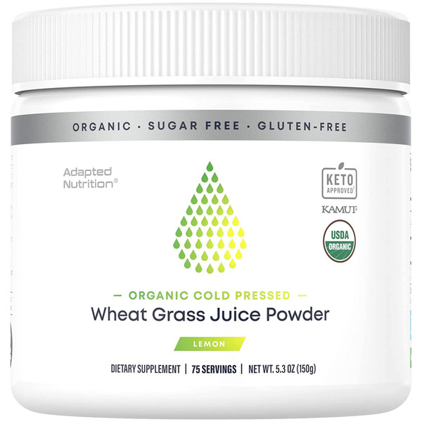 Adapted Nutrition Organic Wheatgrass Juice Powder with Kamut | 75 Servings | Chlorophyll & Trace Minerals | No Maltodextrin & Sugar | Delicious Lemon Flavor