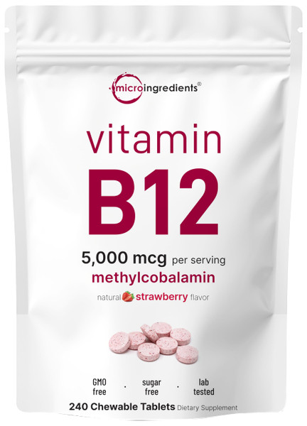 Micro Ingredients Vitamin B12 5,000 mcg | Methylcobalamin – 240 Chewable Tablets | Fast Dissolve, Natural Strawberry Flavor | Supports Energy & Metabolism Health | Vegan, Non-GMO, Gluten Free
