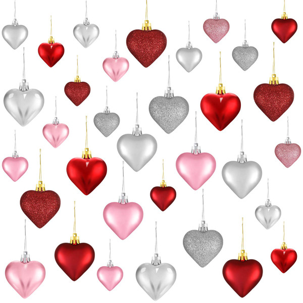 Skylety 30 Pieces Christmas Heart Ornaments, Heart Shaped Decorations Tree Hanging Baubles for Xmas Valentine Wedding Anniversary, 3 Styles 2 Size (Multi-Color)