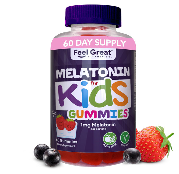 Feel Great Kids Melatonin Gummy | Strawberry Flavored Melatonin Gummies Kids | 1 MG of Melatonin Sleep Aid for Kids | Vegan Gummies | 60 Day Supply
