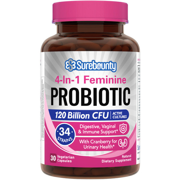 Surebounty Probiotics for Women, 120 Billion CFU 34 Strains, Prebiotics, Digestive Enzymes, Cranberry, 4-in-1 Feminine Probiotic, Digestive, Vaginal, Immune Support, 30ct